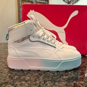 Puma Karmen Rebelle mid exotics White and Iridescent Platform Sneakers NWT 9